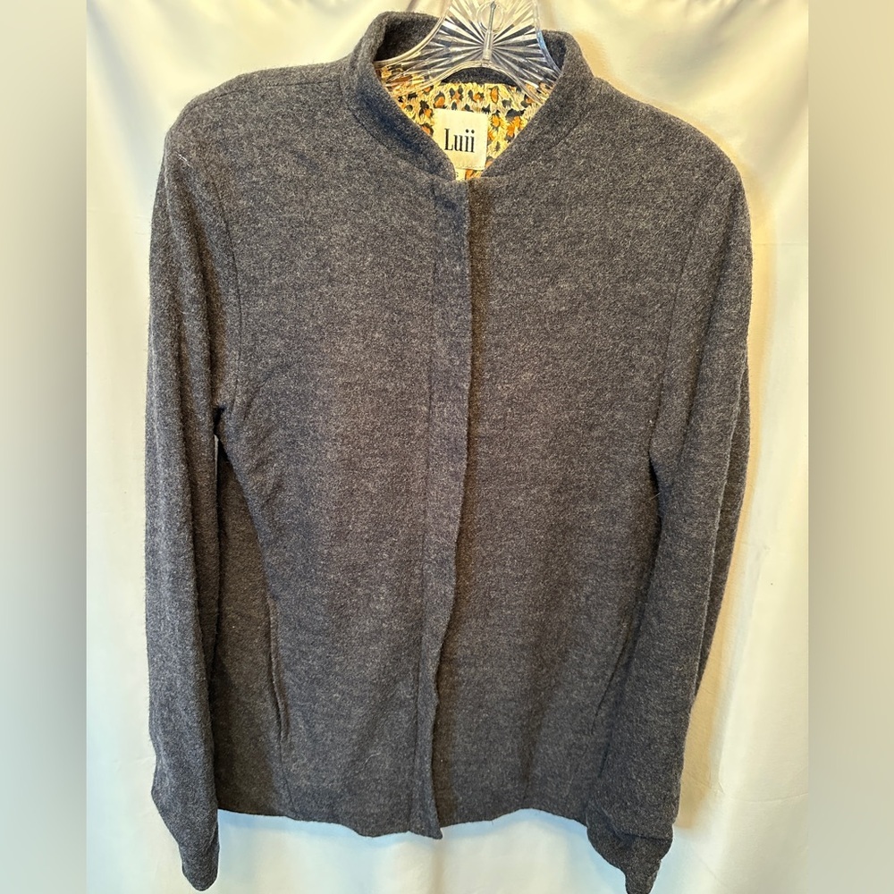 Anthropologie Luii Size Small 100% Wool Zip Front Jacket Gray Leopard Lining
